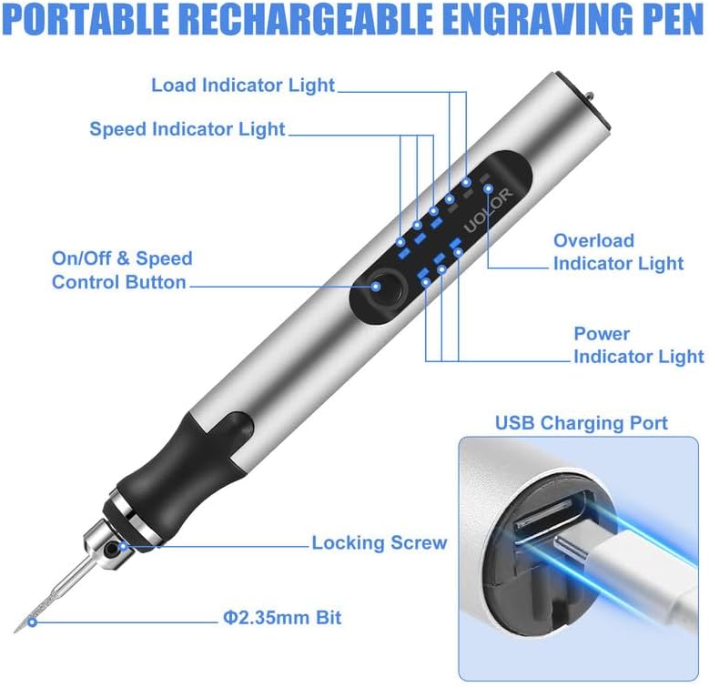 Uolor USB Rechargable Engraving Pen with 42 Bits, Mini Electric DIY Engraver Cordless Rotary Tools Portable Engraving Tool for Jewelry Wood Metal Stone Plastic Glass Etching - Image 2
